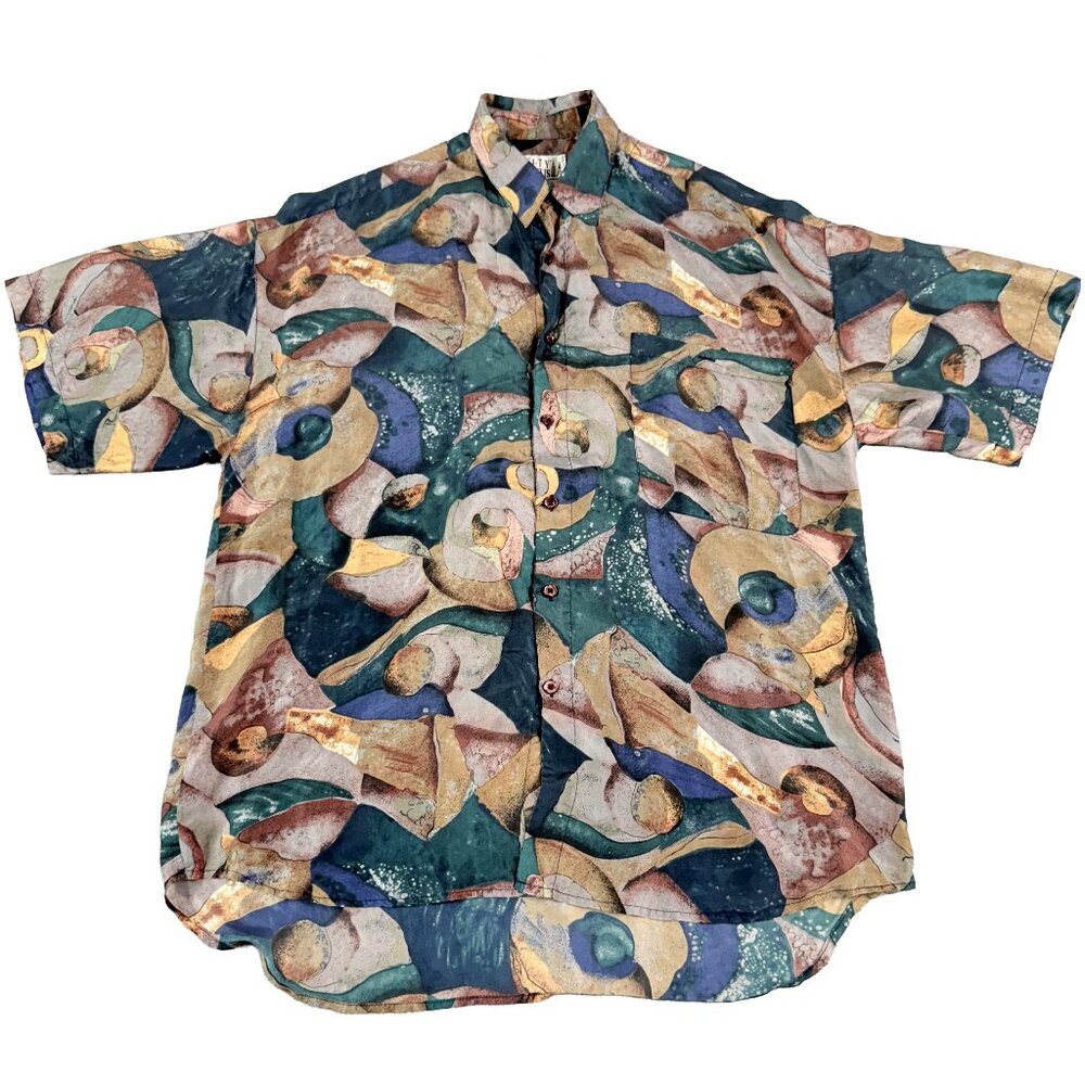 90's VTG CITY STREETS Vintage 100% Silk Abstract Art Print Button Shirt Mens M